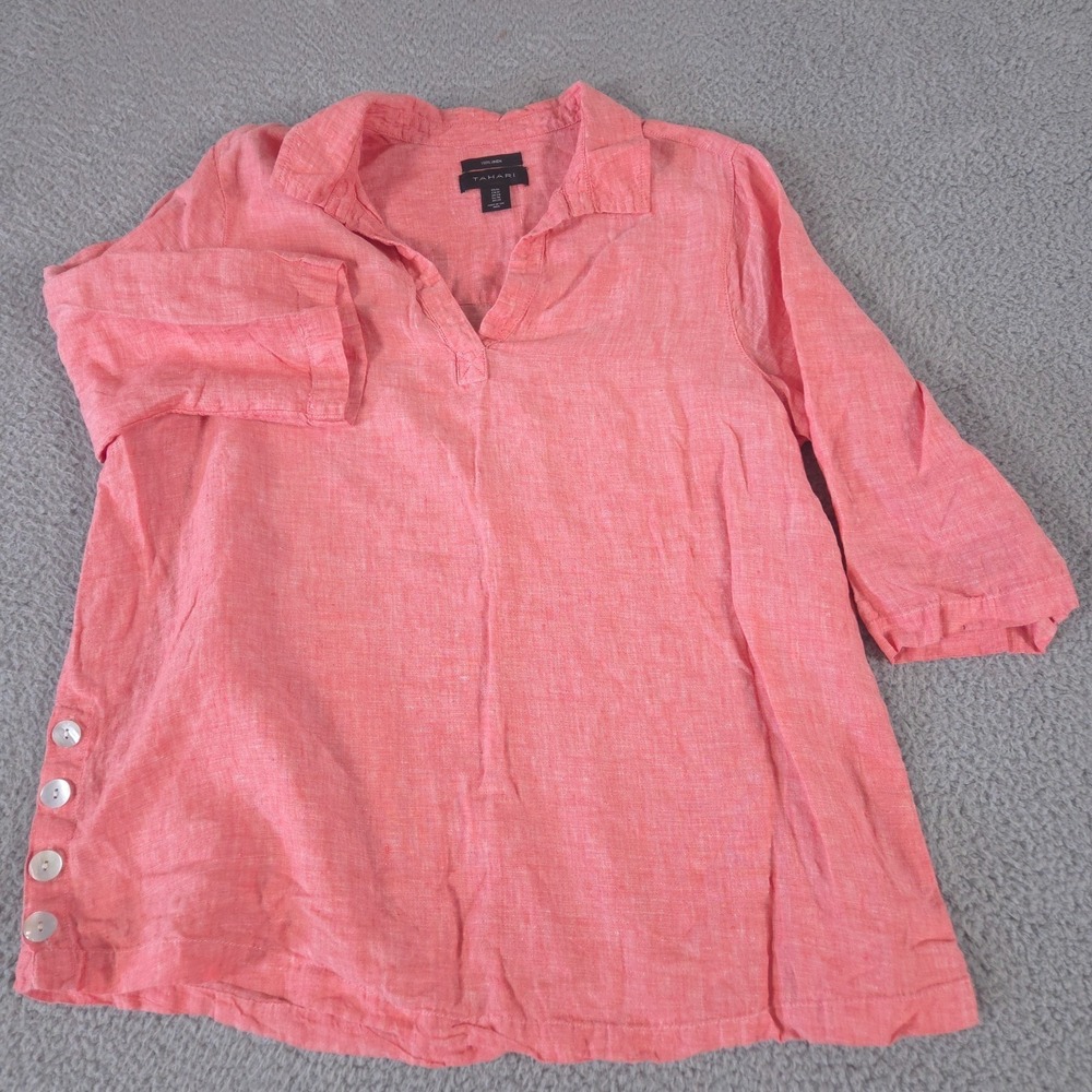 Tahari Top Women 1X Pink Tunic Linen Button Sides V-Neck 3/4 Sleeve‎ Shirt Boho